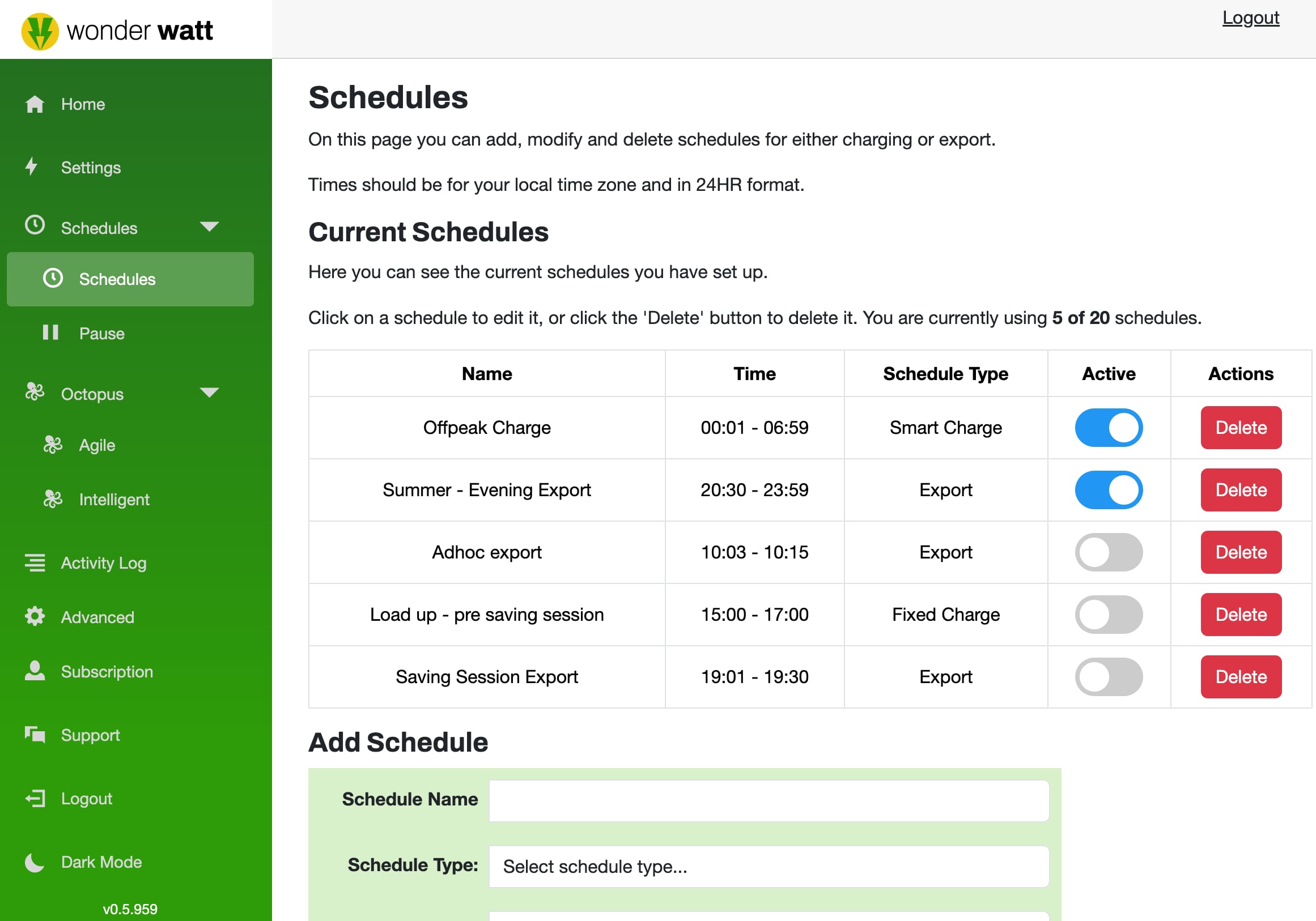 Wonder Watt service dashboard