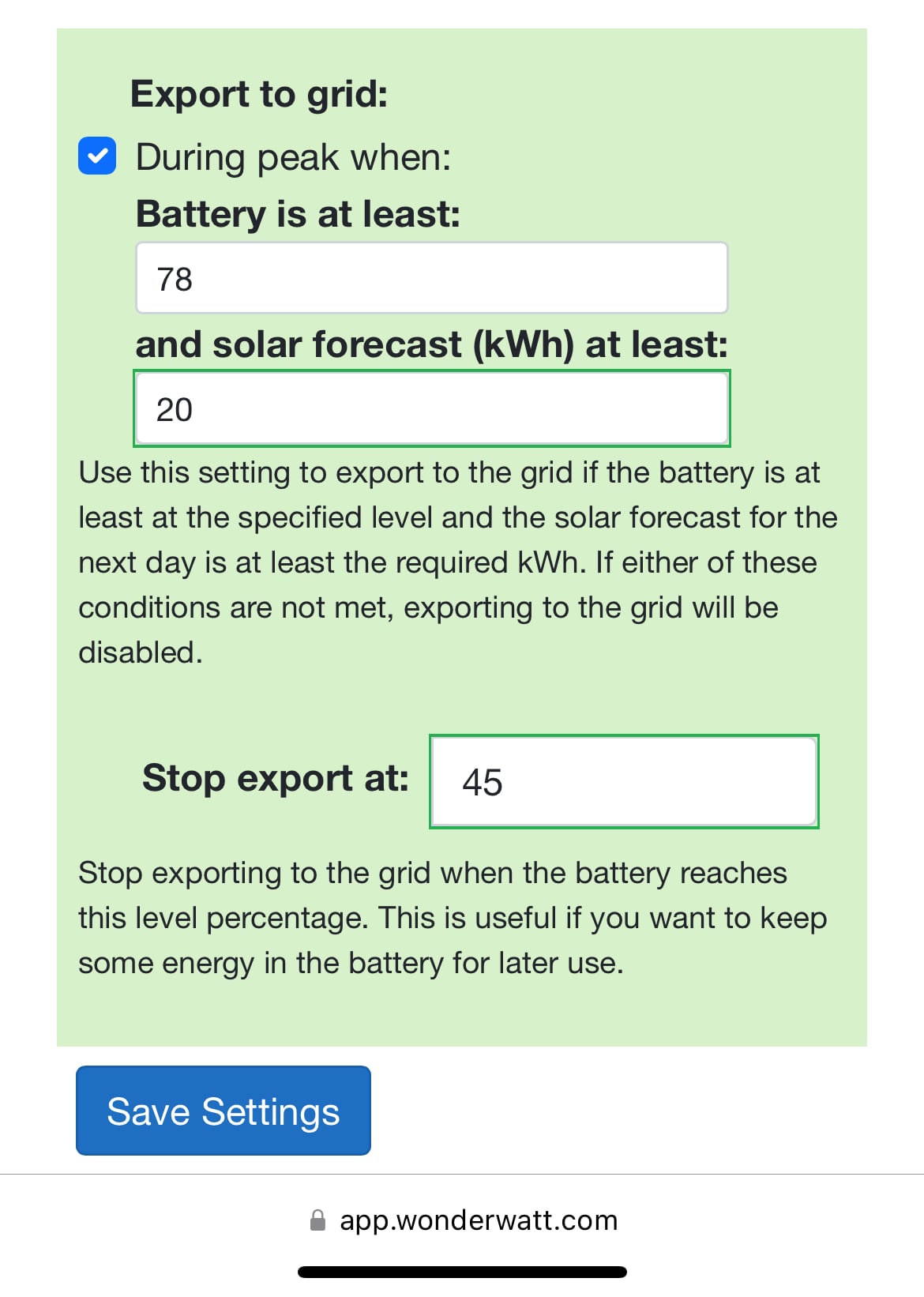 Wonder Watt export to grid