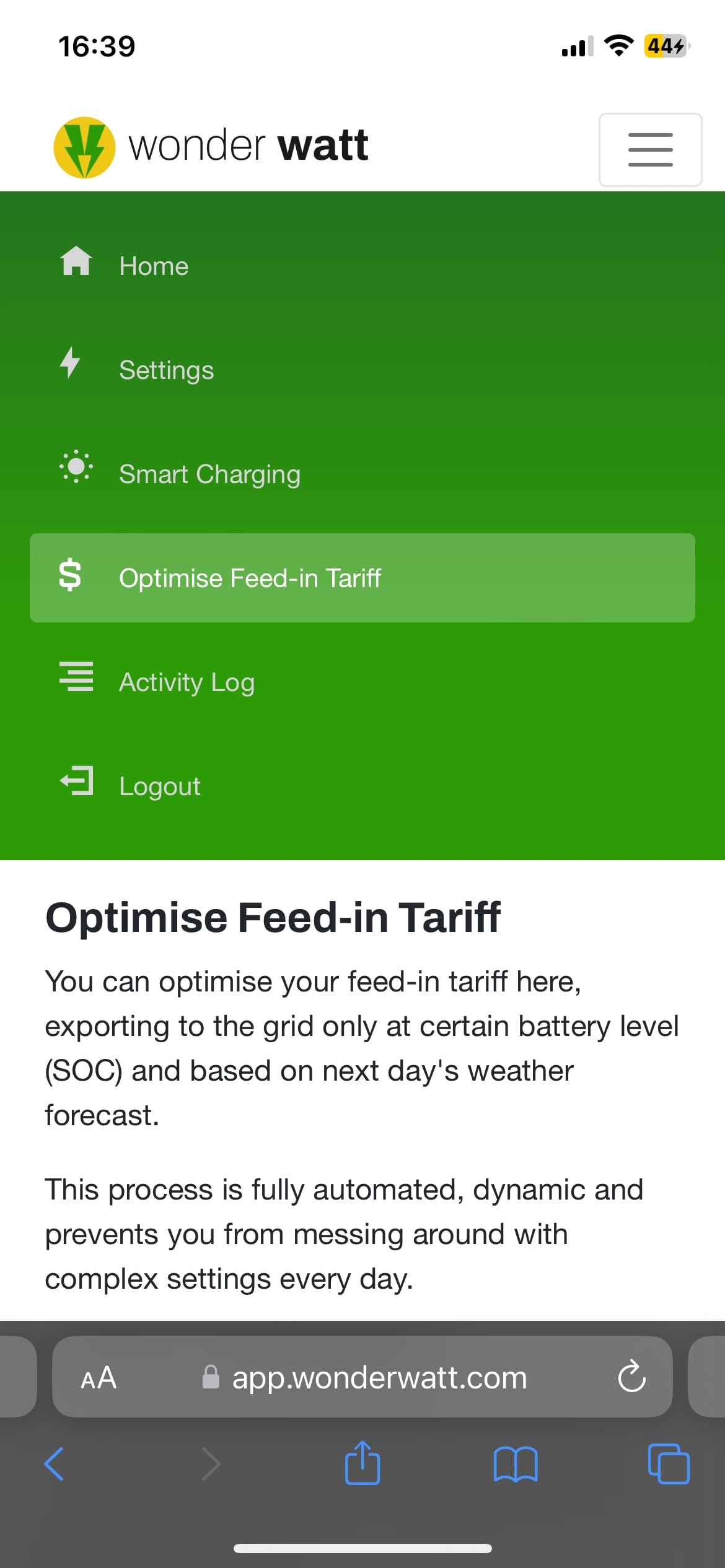 Wonder Watt optimise feed-in menu