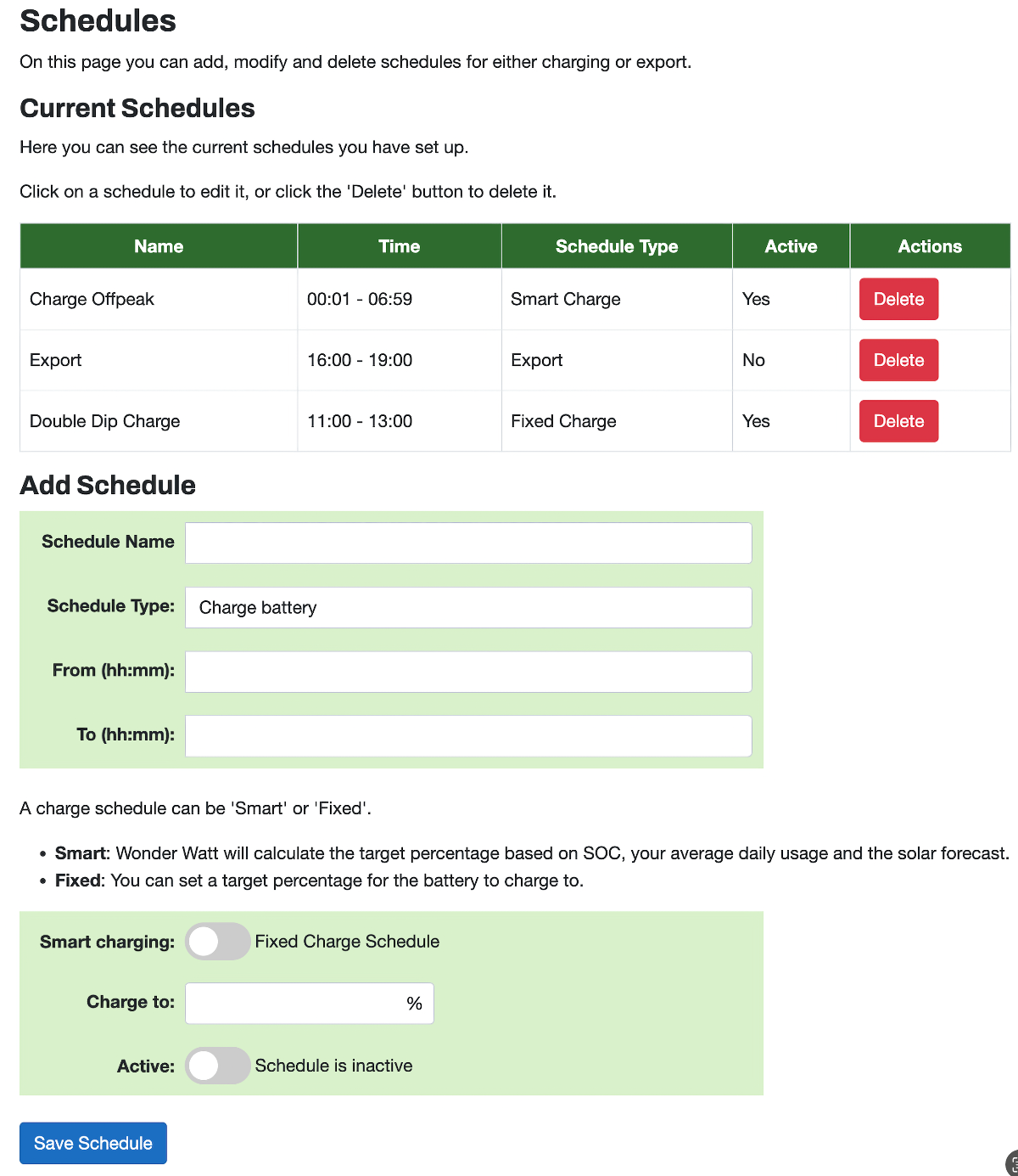 Multiple schedules in Wonder Watt